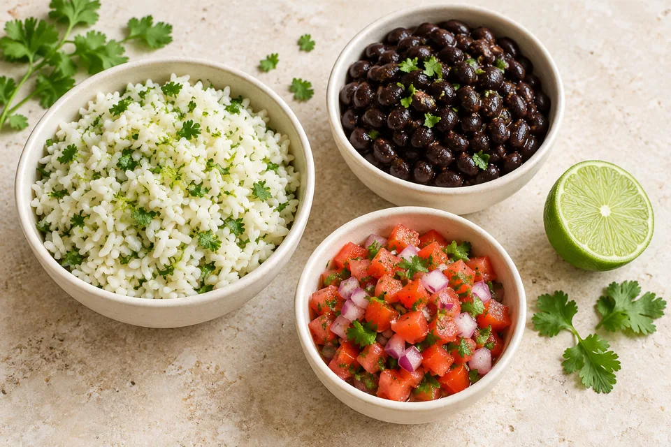 Bowls of cilantro-lime rice, black beans and tomato salsa with lime and herbs