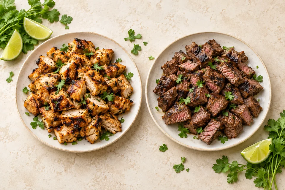 Grilled chicken and grilled steak on separate ceramic plates