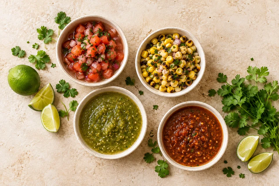 Fresh tomato, corn, green tomatillo and red chili salsas in four ceramic bowls